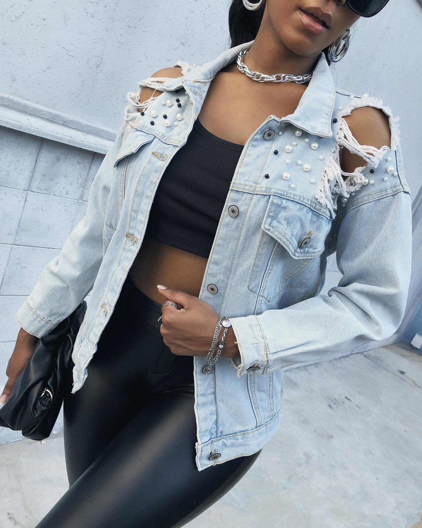 

Cutout Beaded Long Sleeve Denim Jacket, Light blue