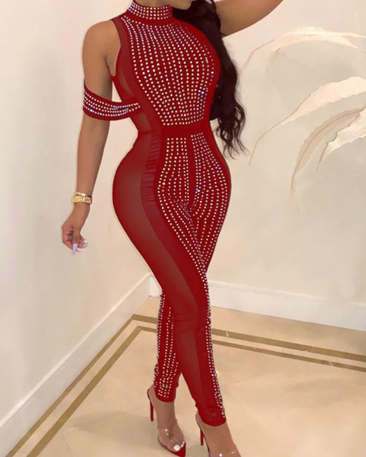 

Hot Stamping Sheer Mesh Jumpsuit, Red