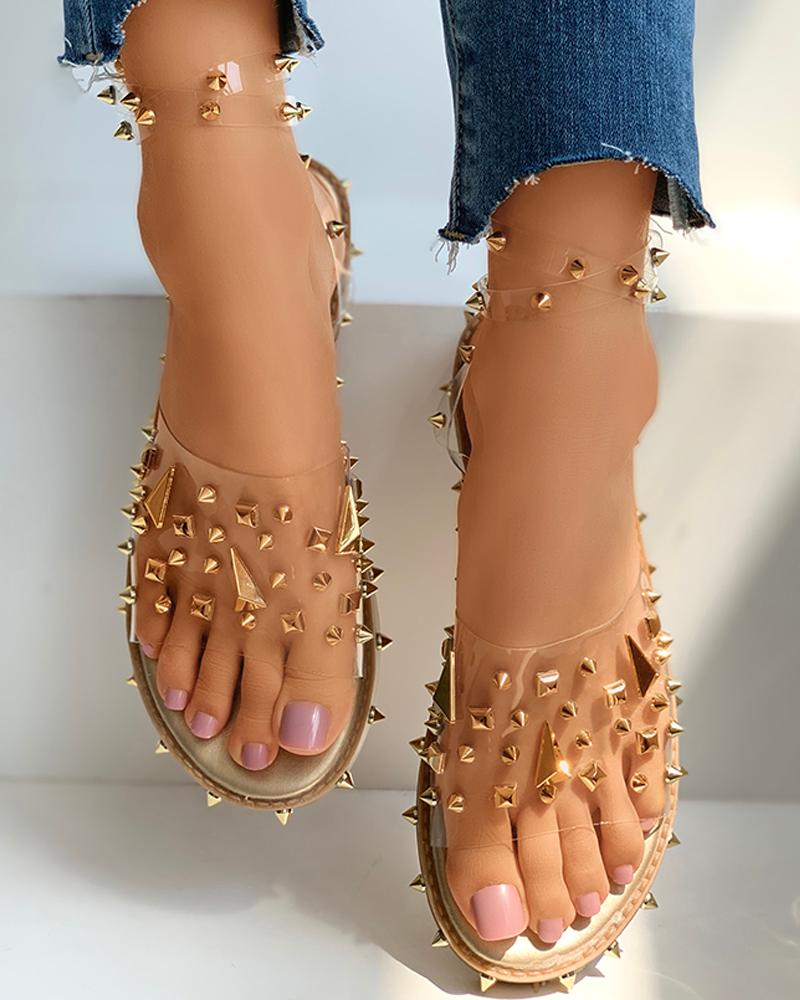 

Rivet Clear Perspex Ankle Strap Flat Slider Sandals, Gold