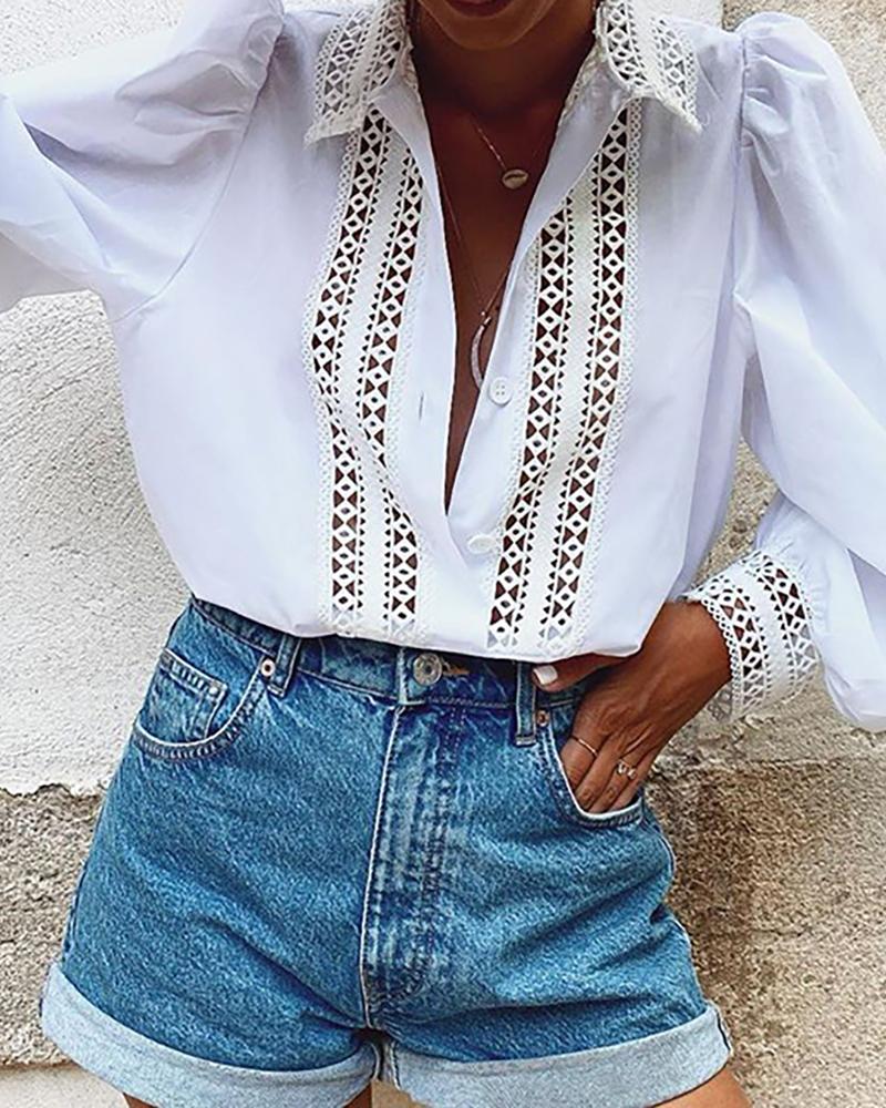 

Solid Hollow Out Puffed Sleeve Button Design Shirt, White
