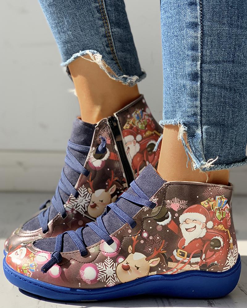 

Suede Cartoon Print Patchwork Lace-Up Casual Boots, Blue