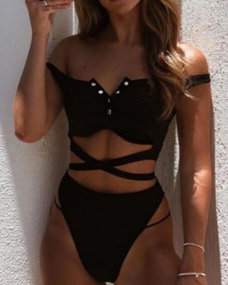 

Snap-Button Detail Crisscross Bandage Bikini Sets, Black