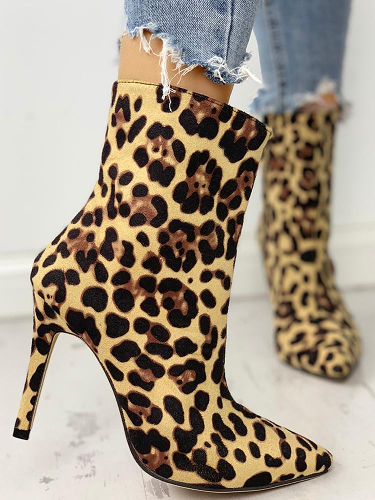 

Leopard Print Pointed Toe Thin Heeled Boots
