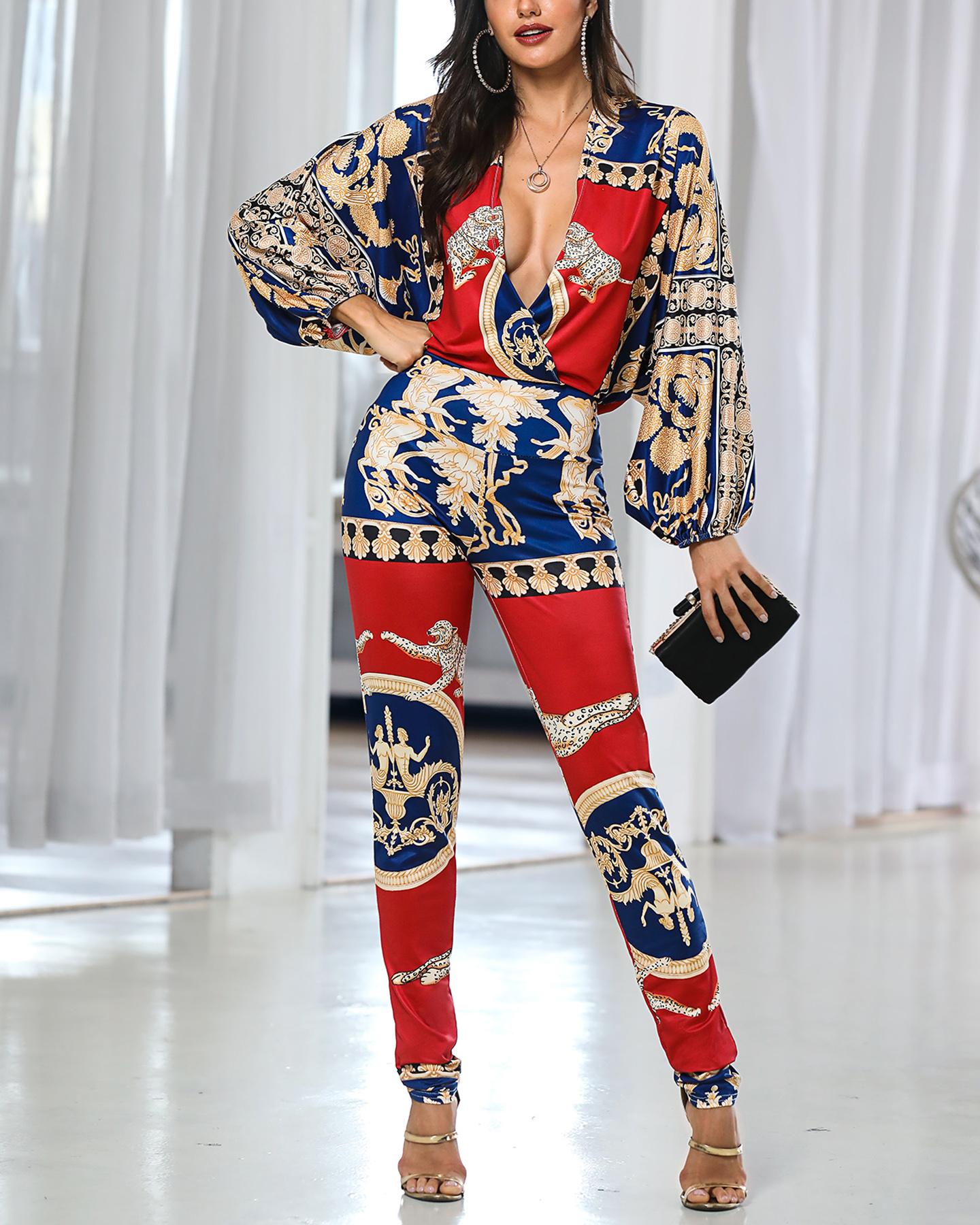 

Colorblock Exotic Print Lantern Sleeve Jumpsuit, Blue