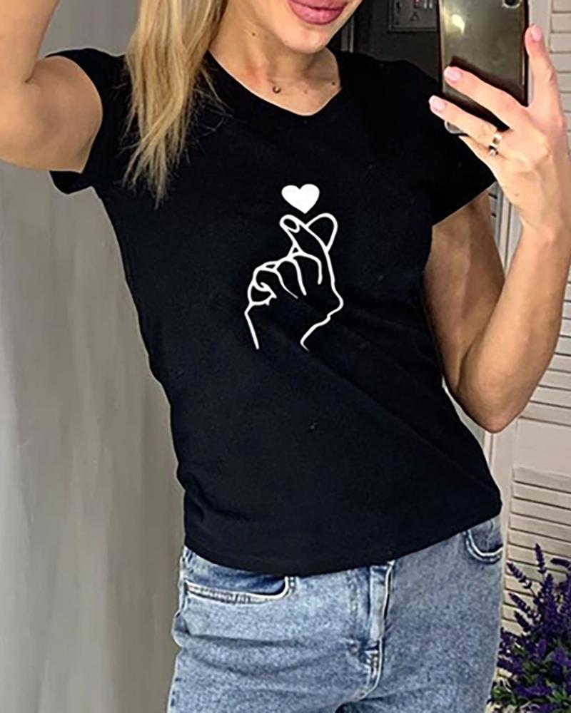 

Round Neck Print Casual T-shirt, Black