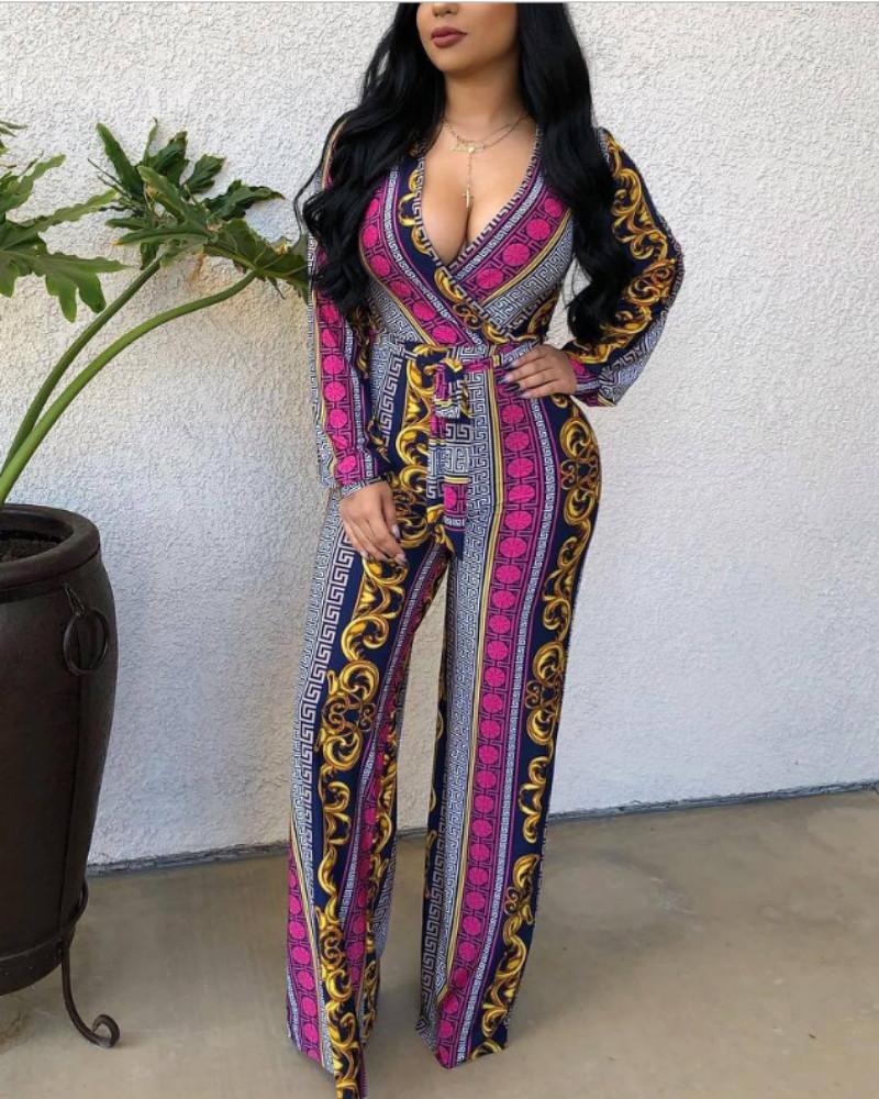 

Deep V Scarf Print Belted Jumpsuits, Purple