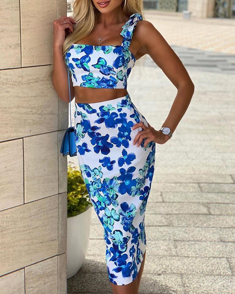 

Floral Print Tied Strap Crop Top & Midi Skirt Set, Blue