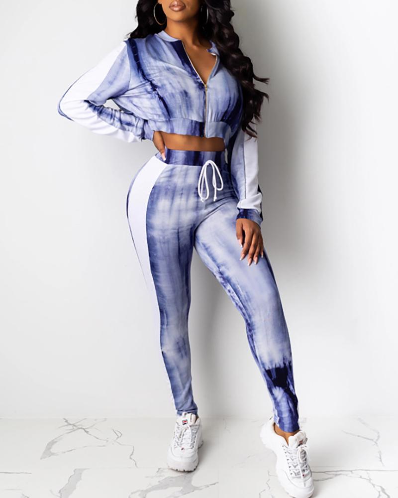 

Colorblock Insert Zipper Design Crop Top & Drawstring Pants Sets, Blue