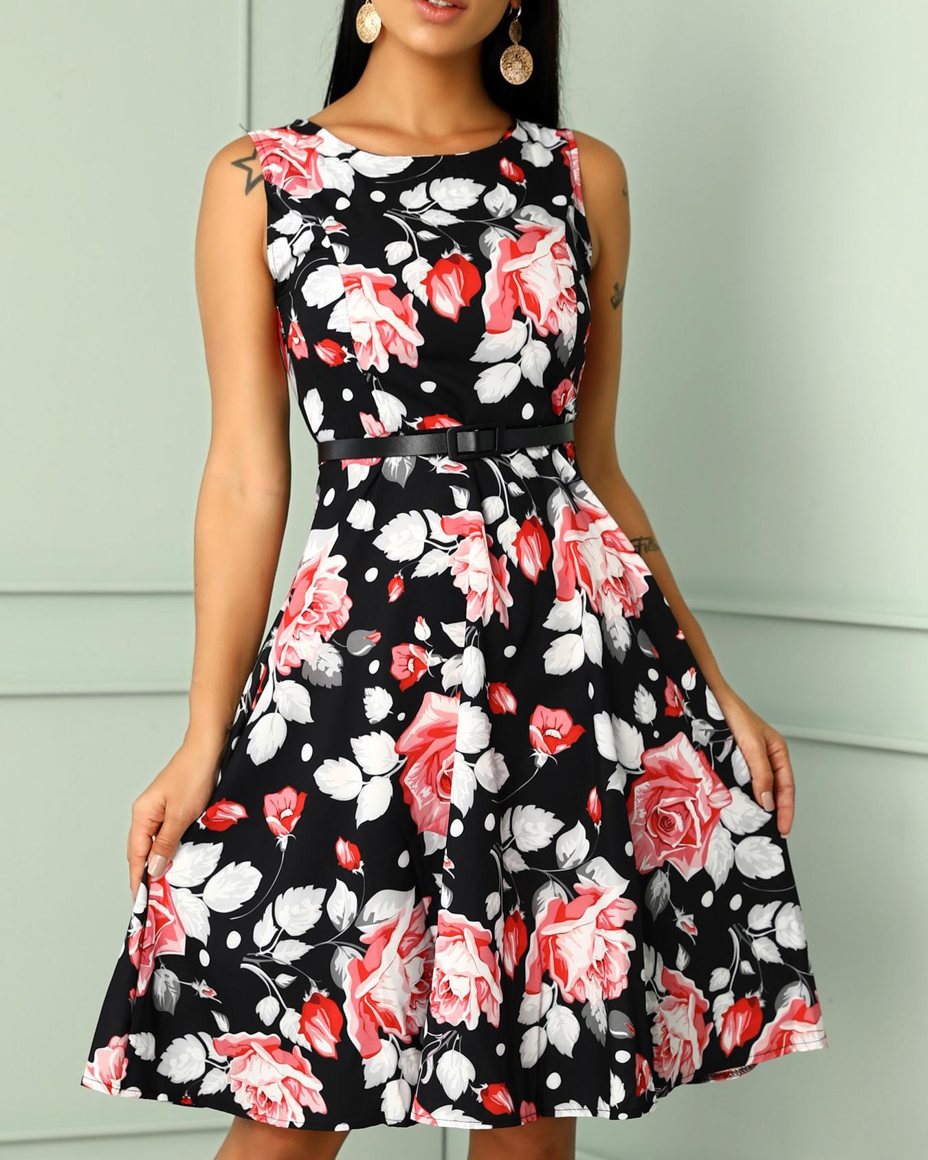 

Floral Print Sleeveless Belted Pleated Dress