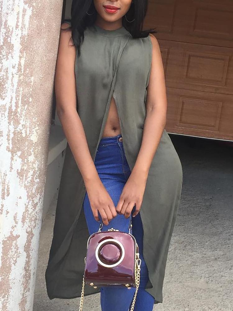 

Solid Sleeveless Split Front Casual Top