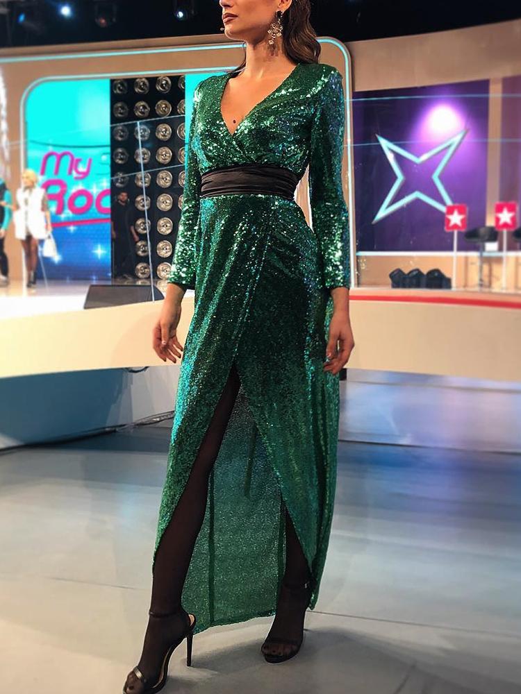 

Deep V Wrap Slit Sequin Party Dress, Green