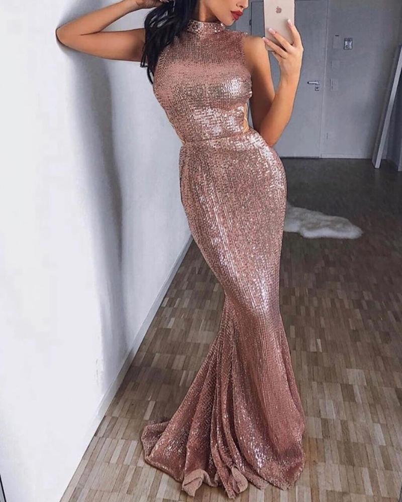 

Sequined Sleeveless Fishtail Maxi Drses, Pink