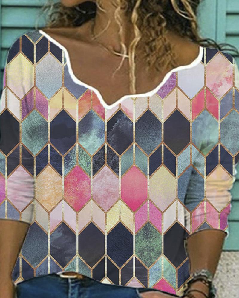 

Abstract Print Colorblock Long Sleeve Top, Pink