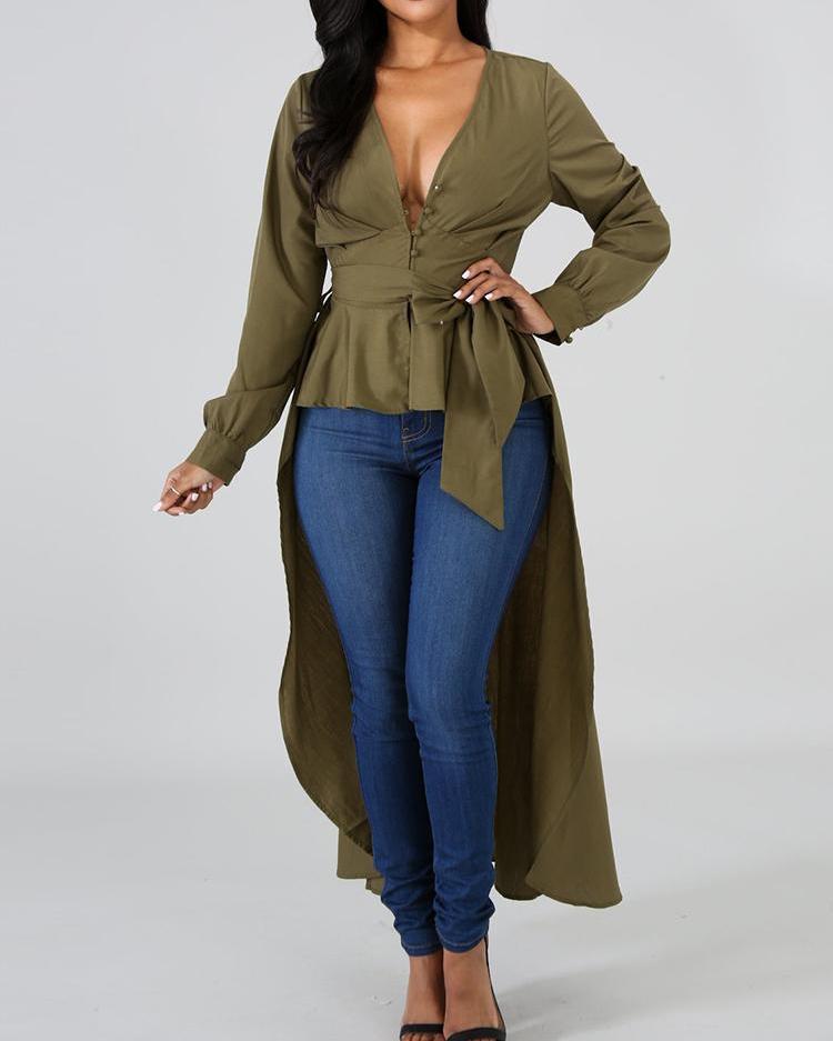 

Buttoned Knot Waist Dip Hem Blouse, Army green