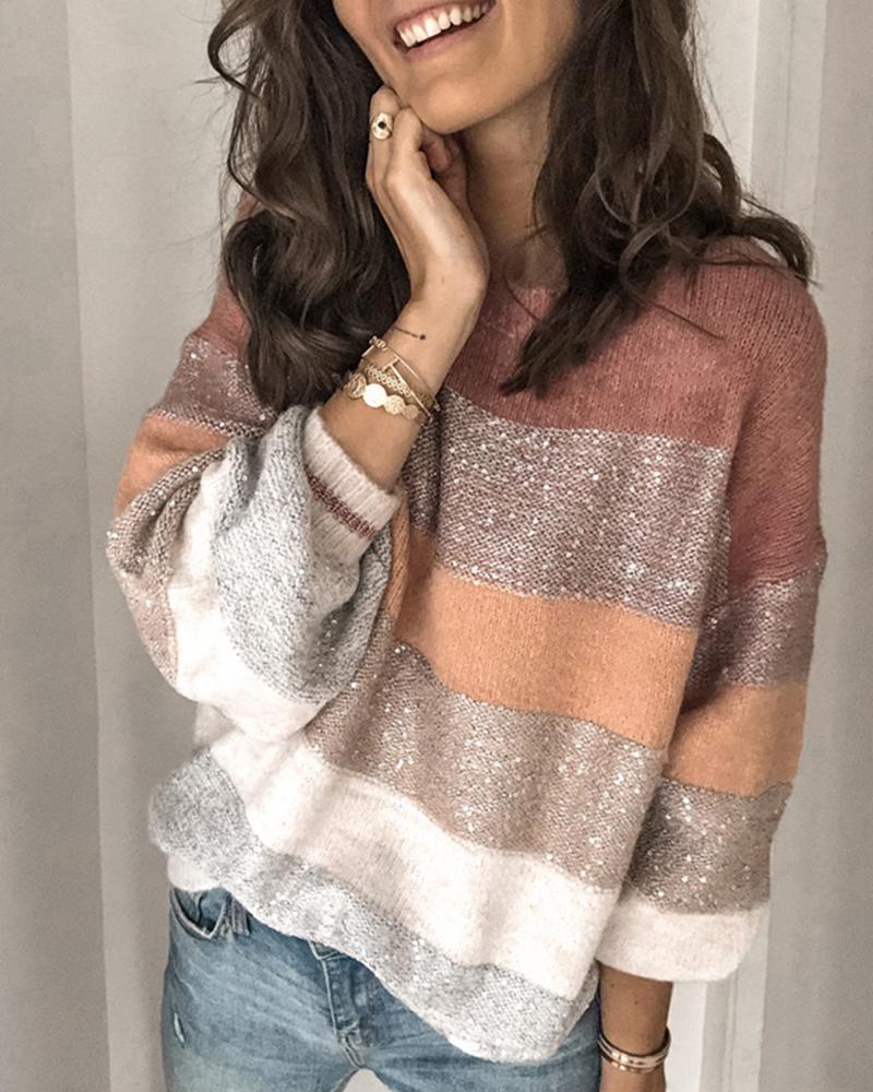 

Round Neck Colorblock Long Sleeve Knitting Sweater, Pink
