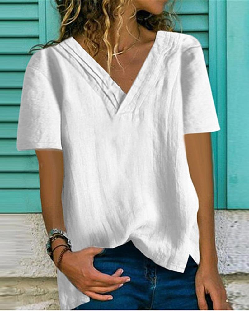 

Solid Short Sleeve V Neck Slit T-Shirt, White