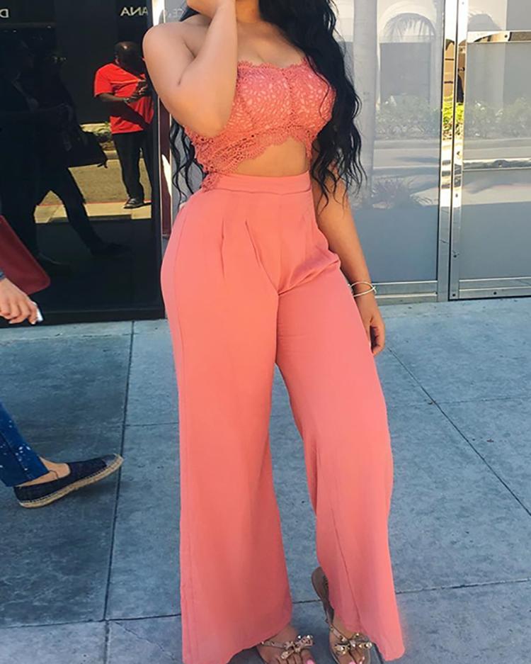

Stylish Lace Patchwork Bustier Crop Wide Leg Suit Sets, Pink