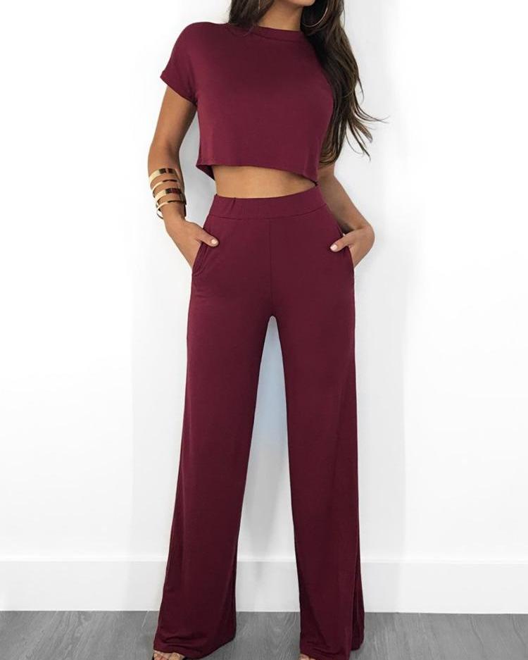 

Solid Short Sleeve Crop Top & Pants Sets, Dark red