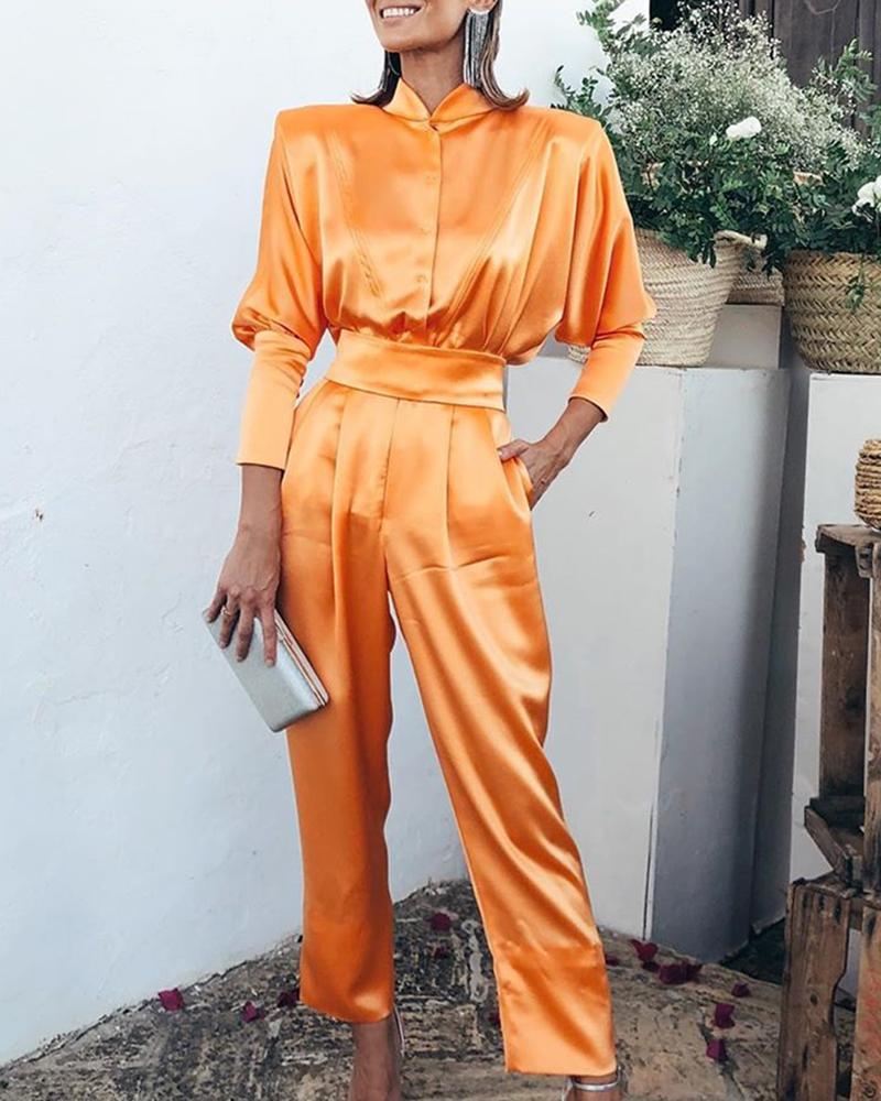 

Solid Stand Collar Batwing Sleeve Top & Pants Sets, Orange