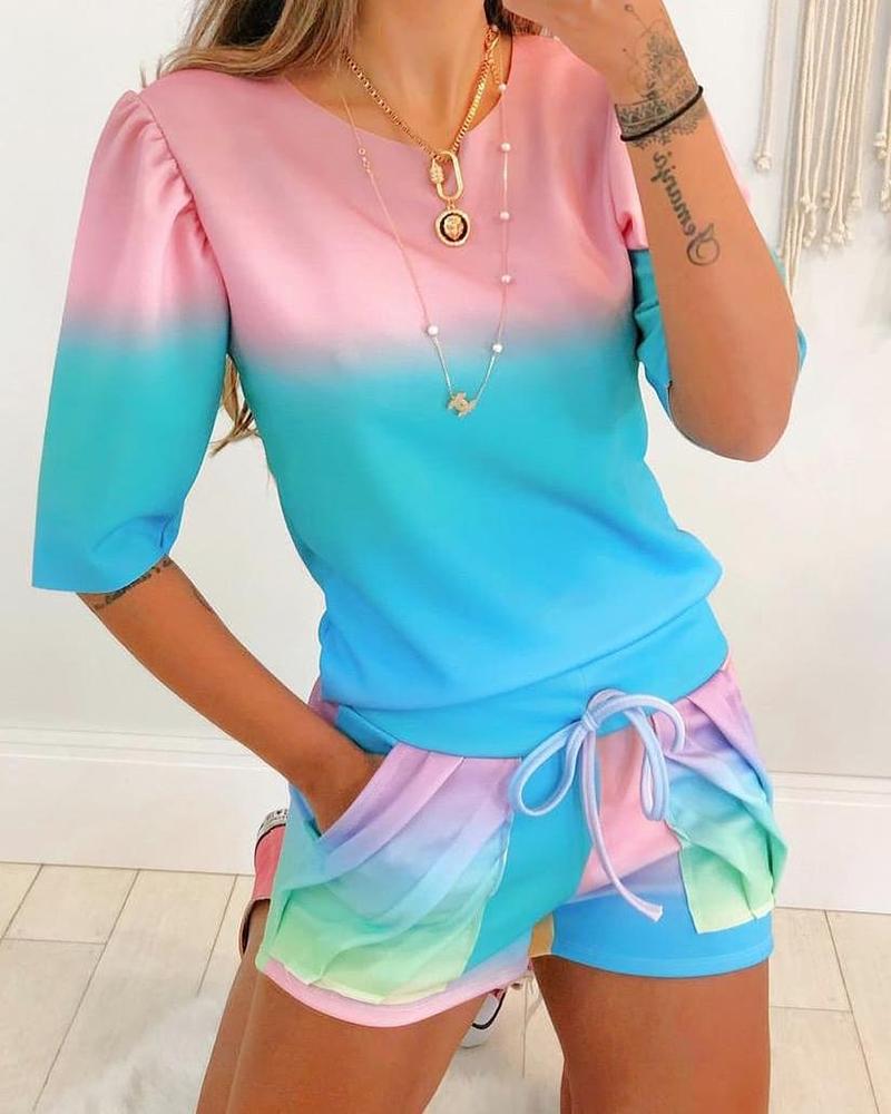 

Gradient Color Top & Drawstring Pocket Design Shorts Set, Blue