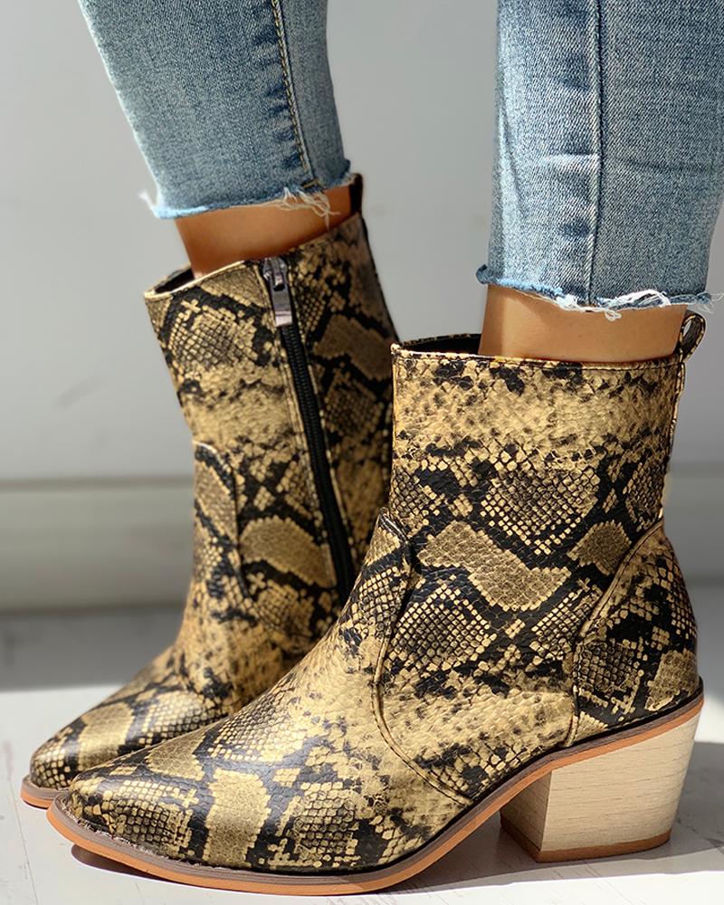 

Pointed Toe Snakeskin Zipper Design Chunky Heeled PU Boots, Yellow