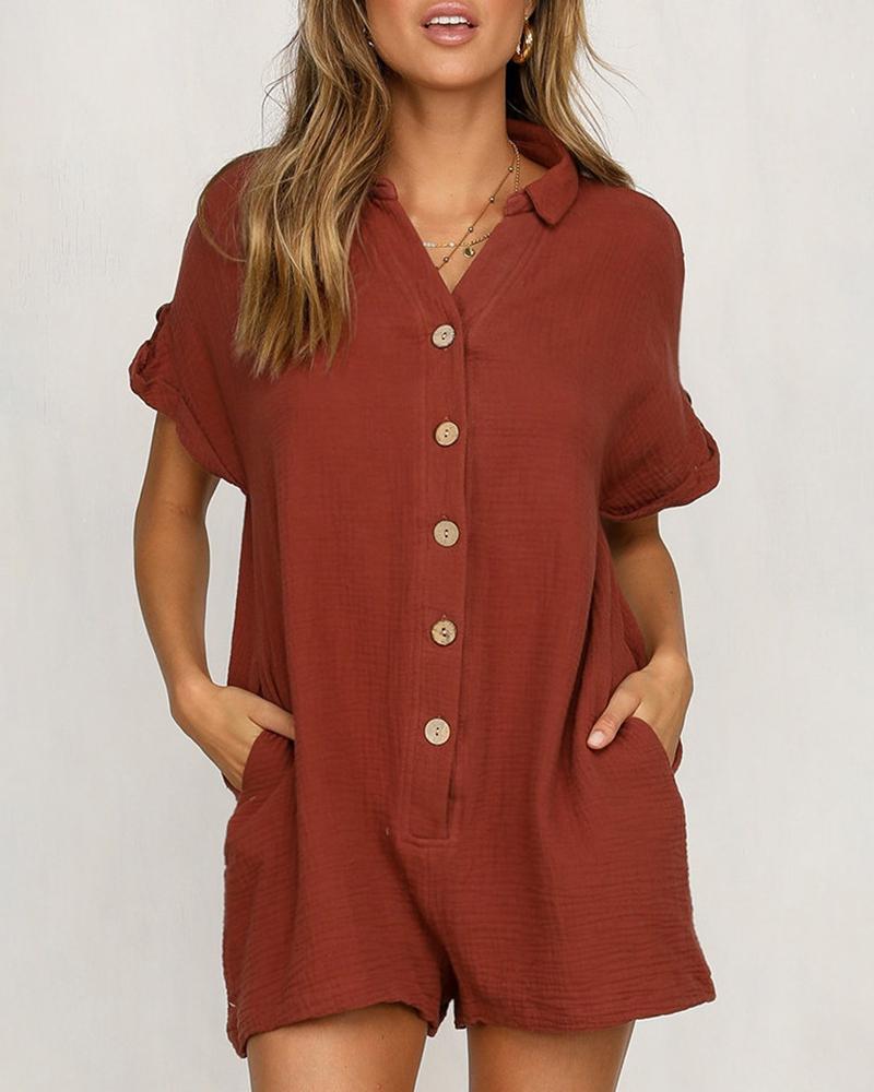 

Solid Button Design Short Sleeve Romper, Red