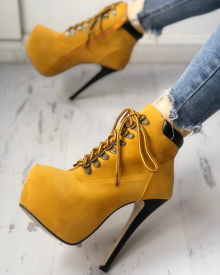 

Suede Contrast Color Platform Thin Heeled Boots, Yellow