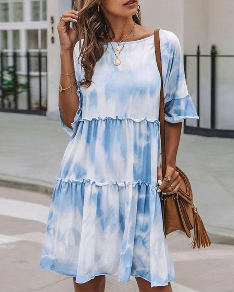 

Tie Dye Print Frill Hem Ruffles Casual Dress, Blue