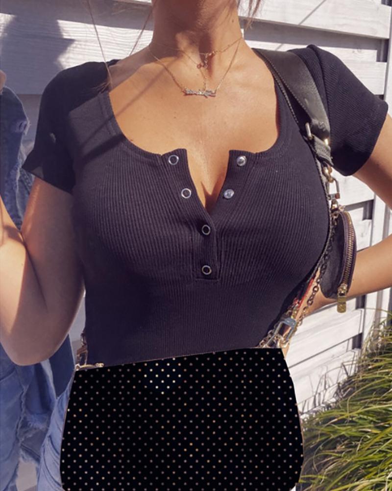 

Button Design Solid Short Sleeve Blouse, Black