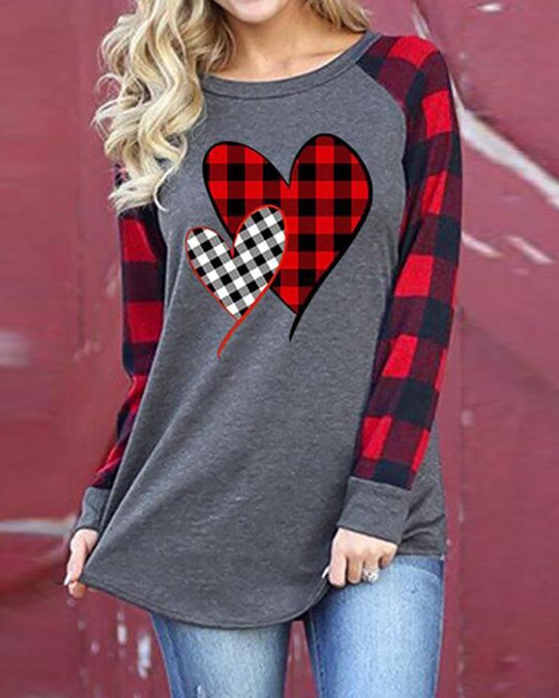 

Heart Print Plaid Long Sleeve Top, Gray
