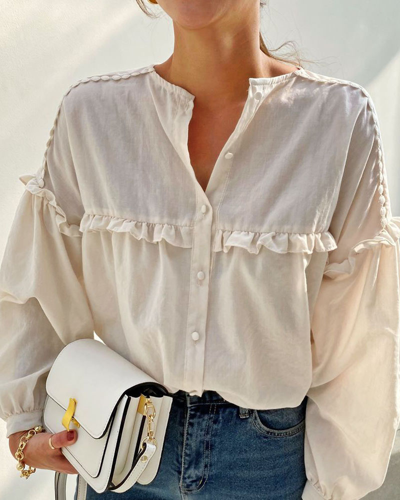 

Frill Hem Buttoned Lantern Sleeve Blouse, Apricot