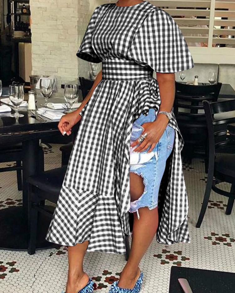 

Gingham Print Side Slit Cape Sleeve Flounced Blouse, Black