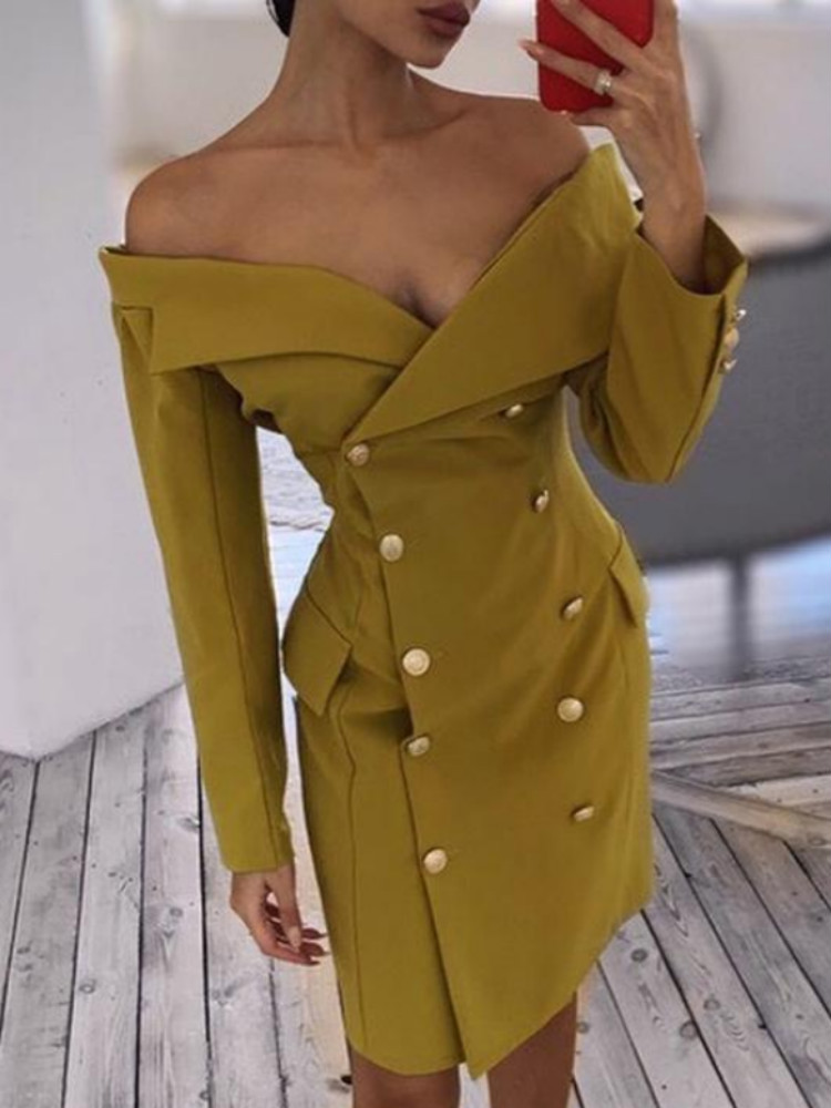 

Off Shoulder Double Breasted Blazer Dress, Yellow