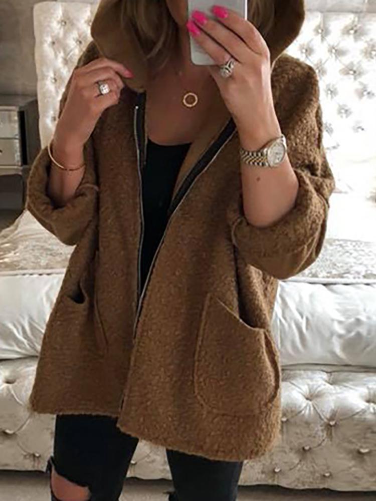 

Solid Fluffy Zipper Up Pocket Design Hooded Coat, Brown