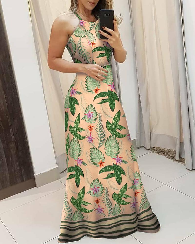 

Palm Leaf Print Striped Tape Maxi Dress, Green