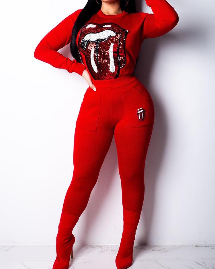 

Sequin Mouth Pattern Top & Pant Sets, Red