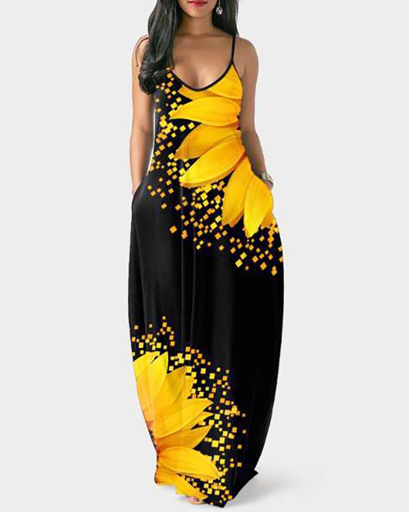 

Sunflower Print Colorblock Pocket Design Maxi Dress, Yellow