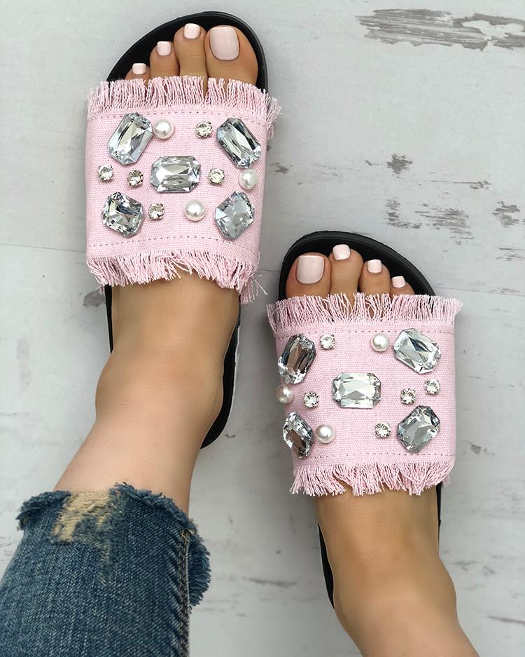 

Denim Shiny Flat Tassel Non-Slip Slippers, Pink