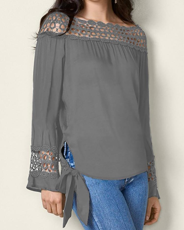 

Lace Hollow Out Knot Side Blouse