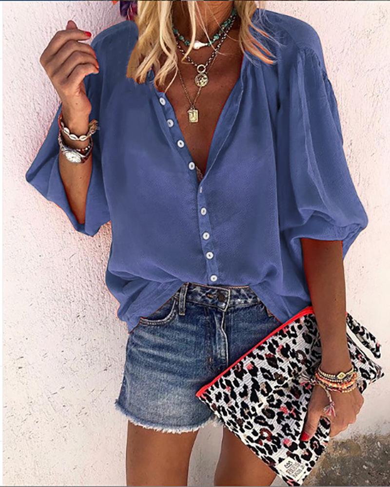 

V-neck Half Sleeve Casual Shirt, Blue