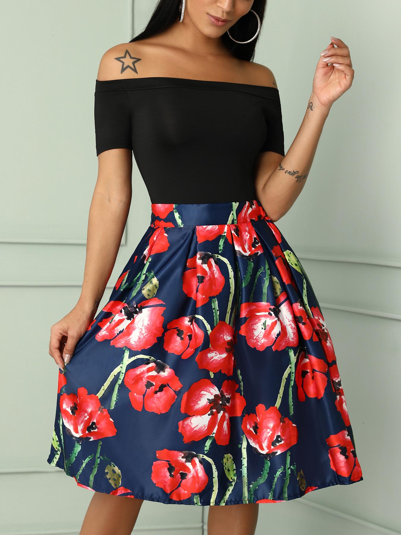 

Floral Print High Waist A Line Skirt, Dark blue