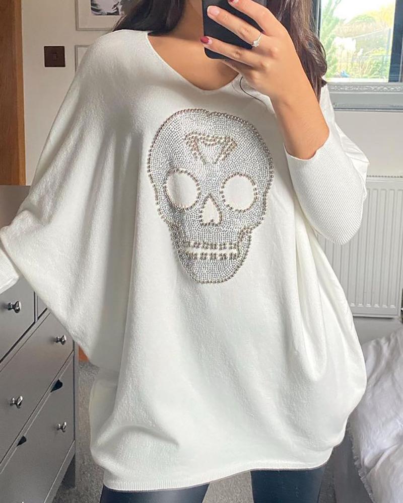 

Skull Print Studded Batwing Sleeve T-shirt, White