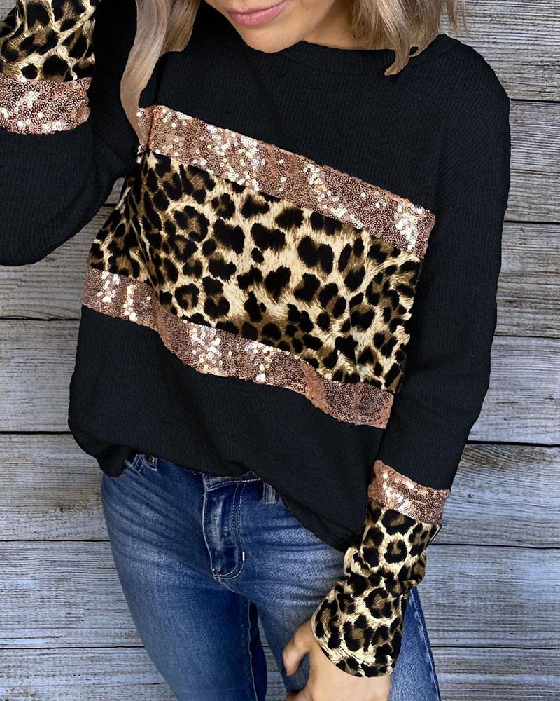 

Cheetah Print Sequins Ribbed Sweatshirt, Black