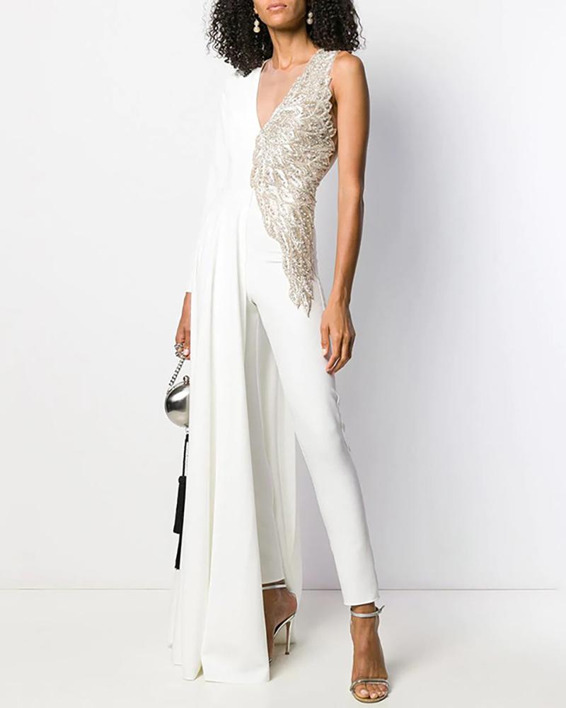 

Embroidery One Shoulder Mesh Jumpsuit, White