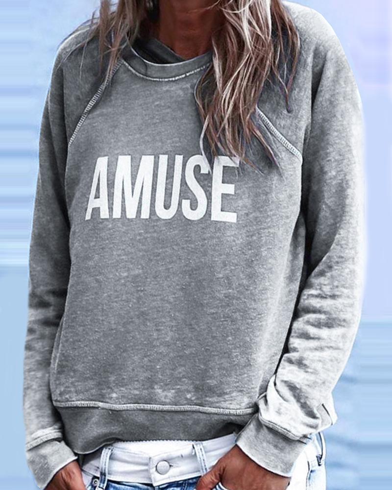 

Letter Print Long Sleeve Casual Sweatshirt, Gray