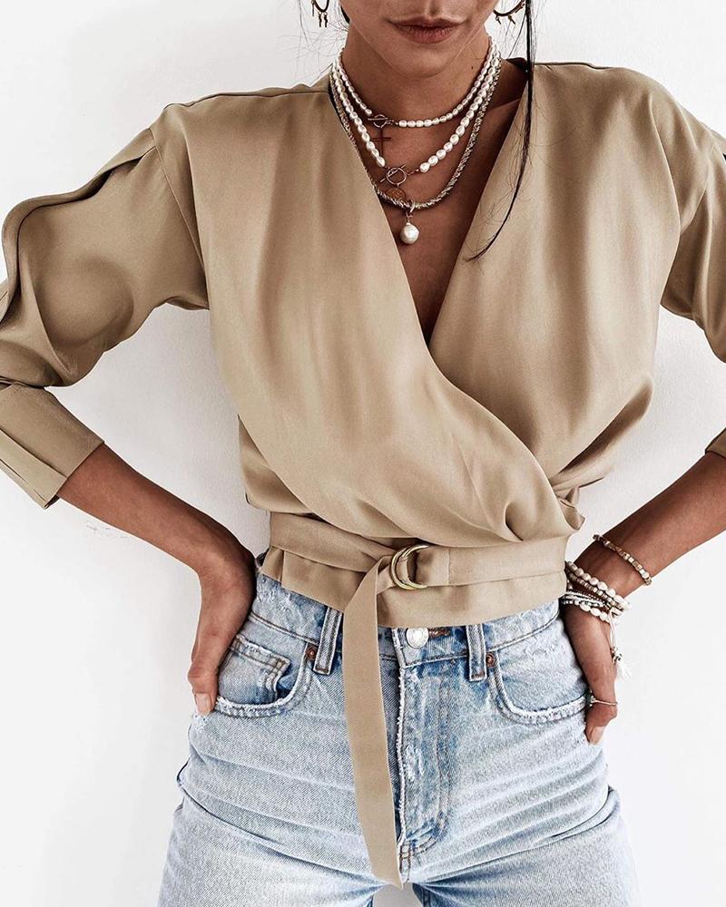 

Plain Tie Detail Long Sleeve Wrap Top, Khaki