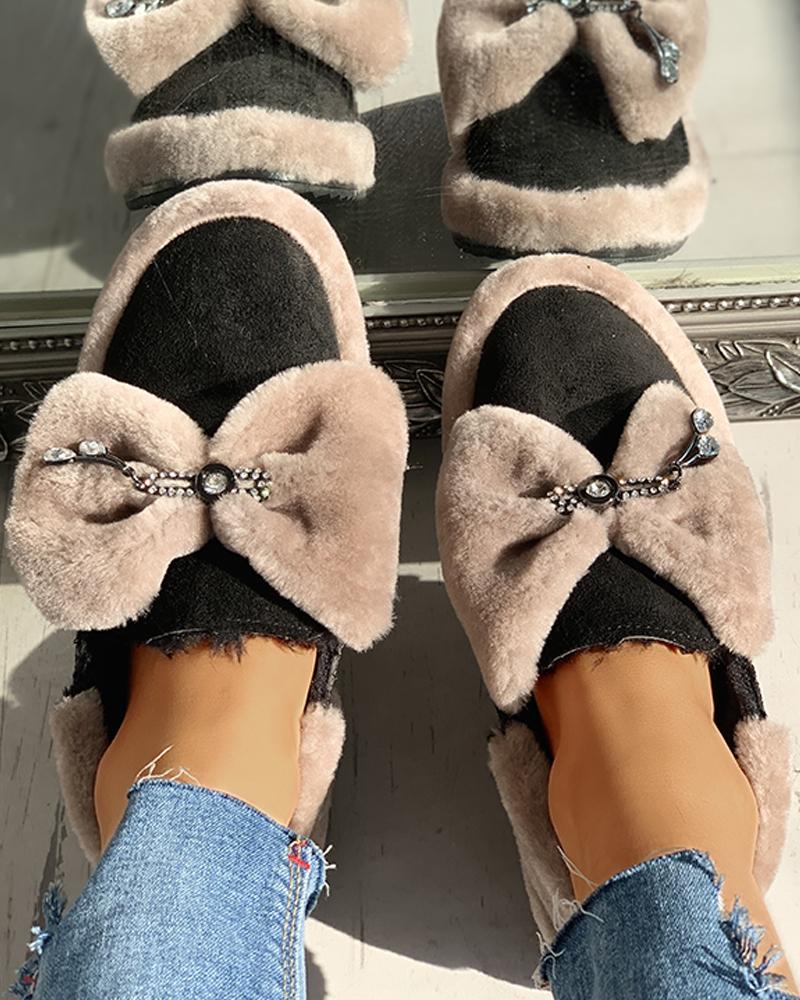 

Suede Fluffy Bowknot Detail Flat Shoes, Khaki