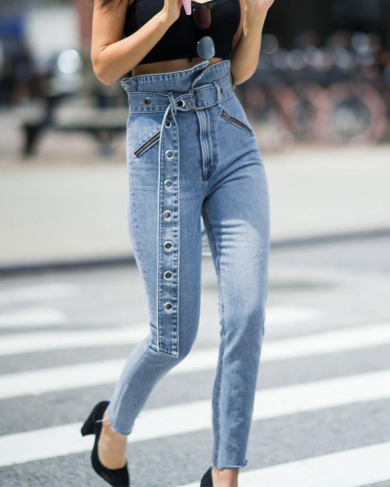 

Zipper Design High Waist Jeans With Eyelet Belt, Blue