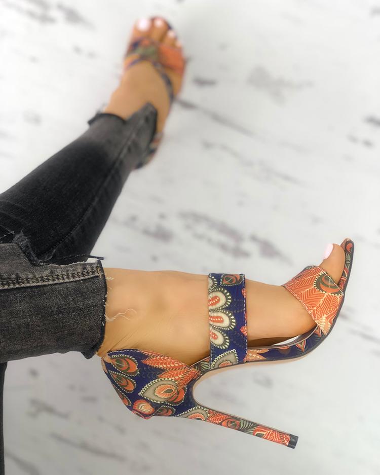 

Peacock Feather Print Heel Sandals, Multicolor