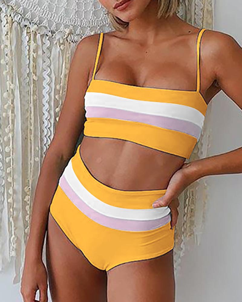 

Striped Colorblock High Waist Bikini Sets, Yellow